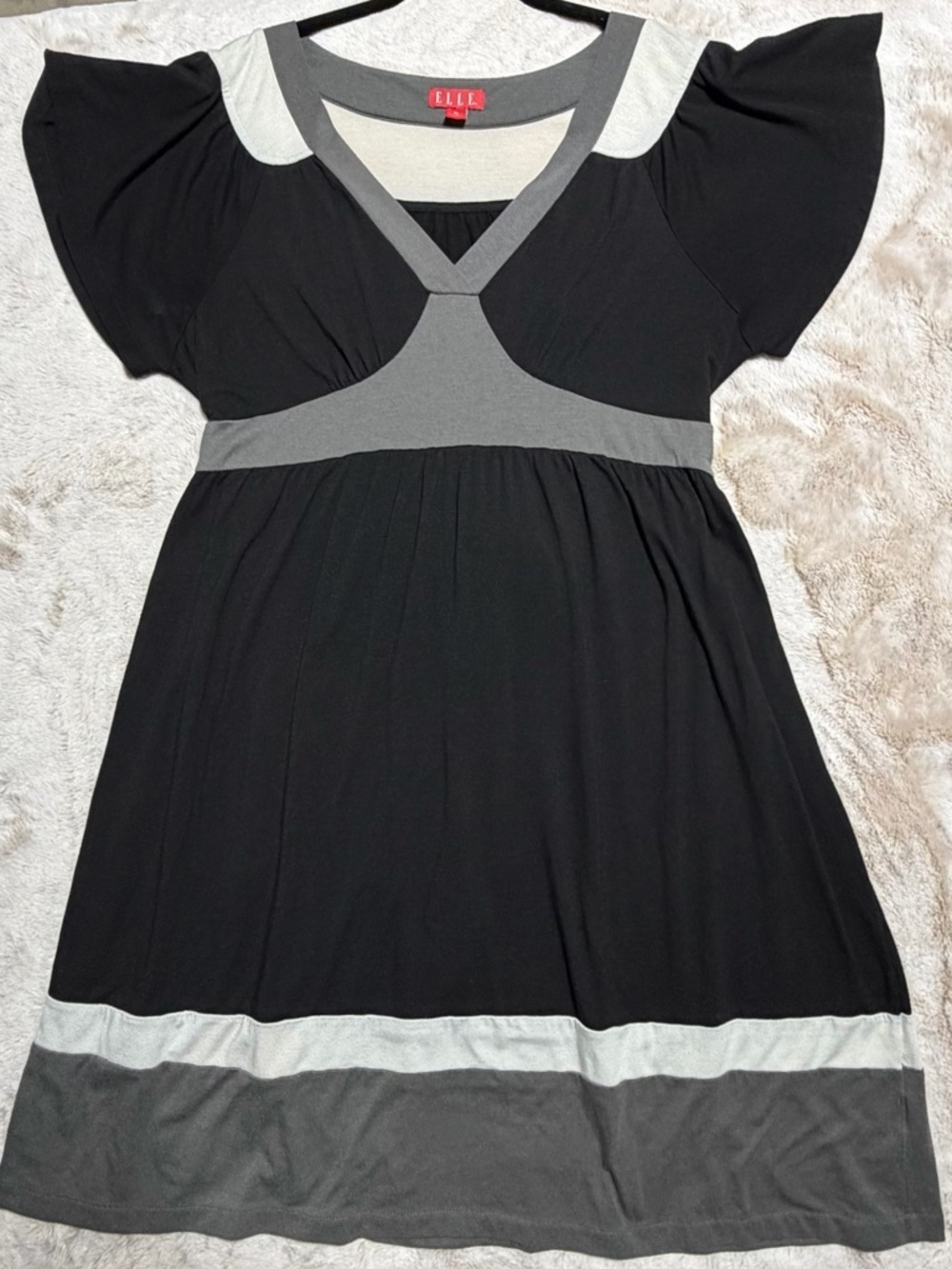 ELLE Black Dress with Gray Trim & Flutter Sleeves and Back Tie XL